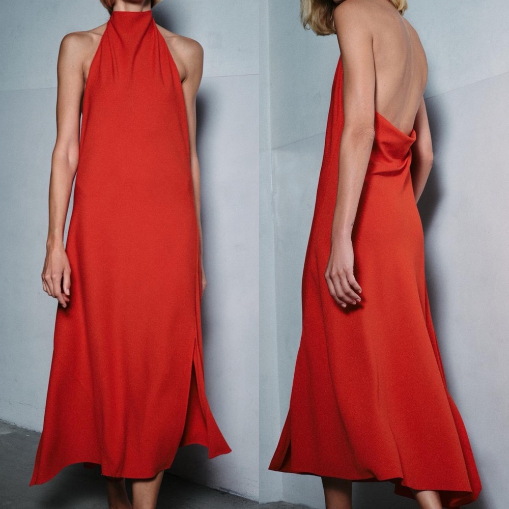 ZARA Viral Backless Halter Maxi Dress NWT 🔥 Small Vibrant red 4437/248/600